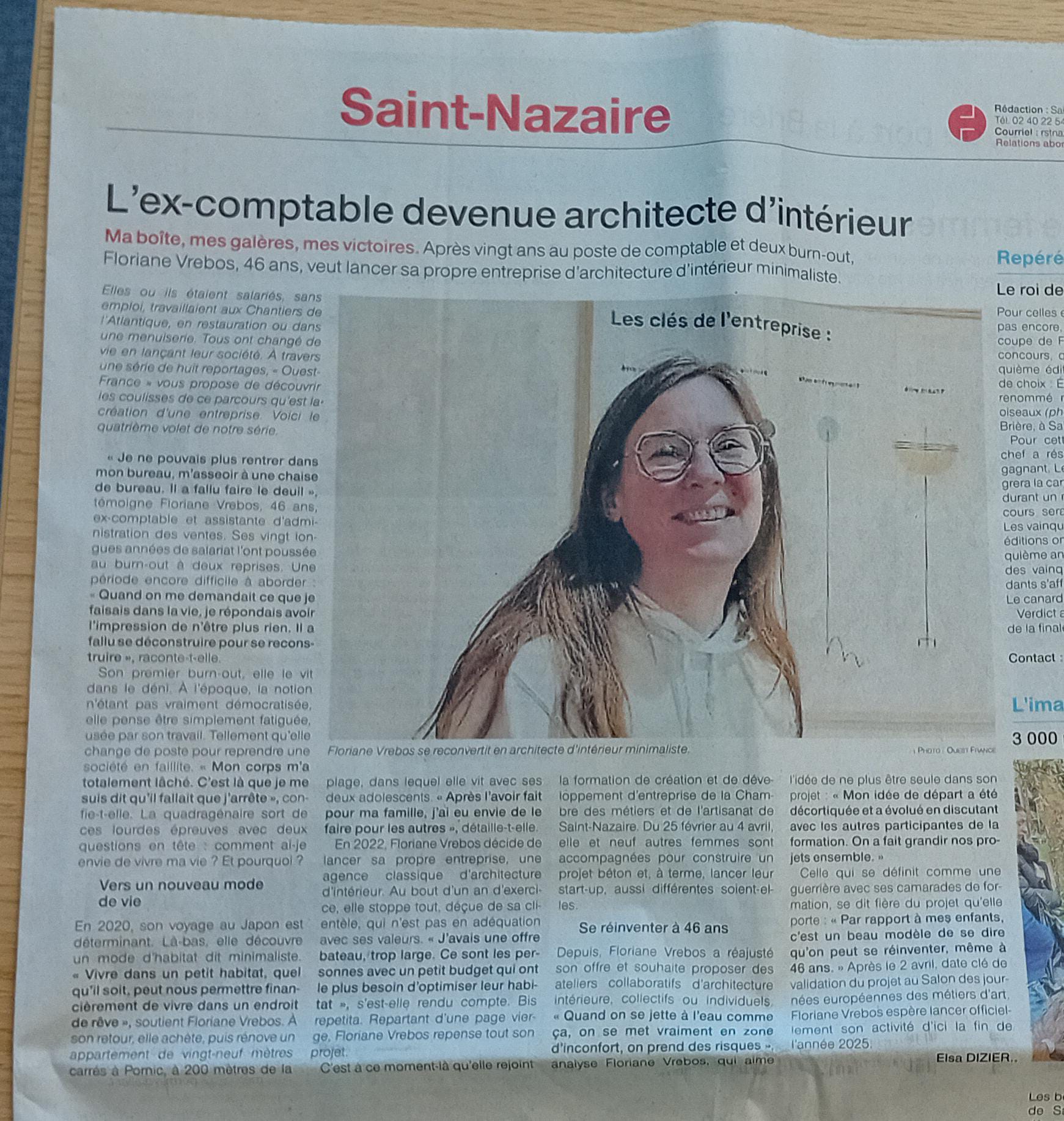 article Ouest France Floriane Portrait de l’entrepreneuse dans Ouest-France – reconversion en architecture d’intérieur après un burn-out