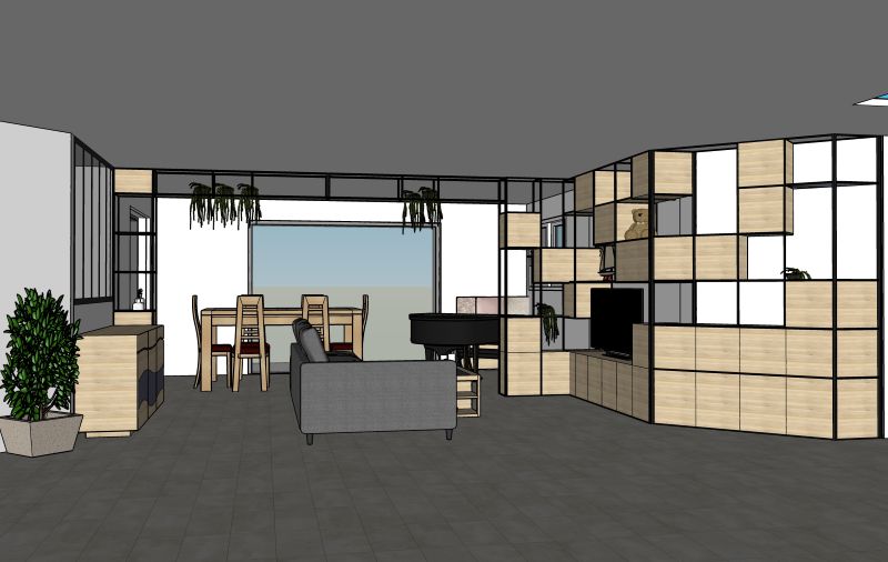 meuble-tele-sur-mesure - Quelques notes de bonheur.png meuble télé et vidéoprojecteur sur-mesure, avec des niches pour exposer une collection de maquettes, une séparation de pièce en hauteur avec des plantes et un retour avec un meuble dans le style de la verrière d'atelier bois blond et noir