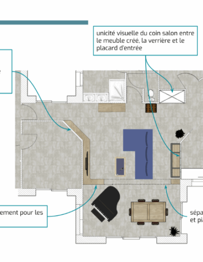 nouvel aménagement suite coaching avec le coin "musique" séparé du coin salon par un grand meuble sur-mesure. Le meuble créé est prévu pour recevoir une télé et un écran vidéoprojecteur ainsi que des nombreux rangements et des niches pour l'exposition des maquettes. La séparation au plafond permet de mettre des plantes retombantes