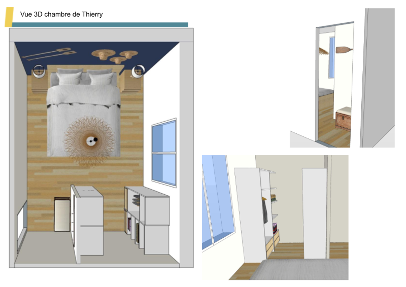 vue 3D chambre de Thierry projection en 3D du plan de la chambre de Thierry, avec dressing, banc et patères