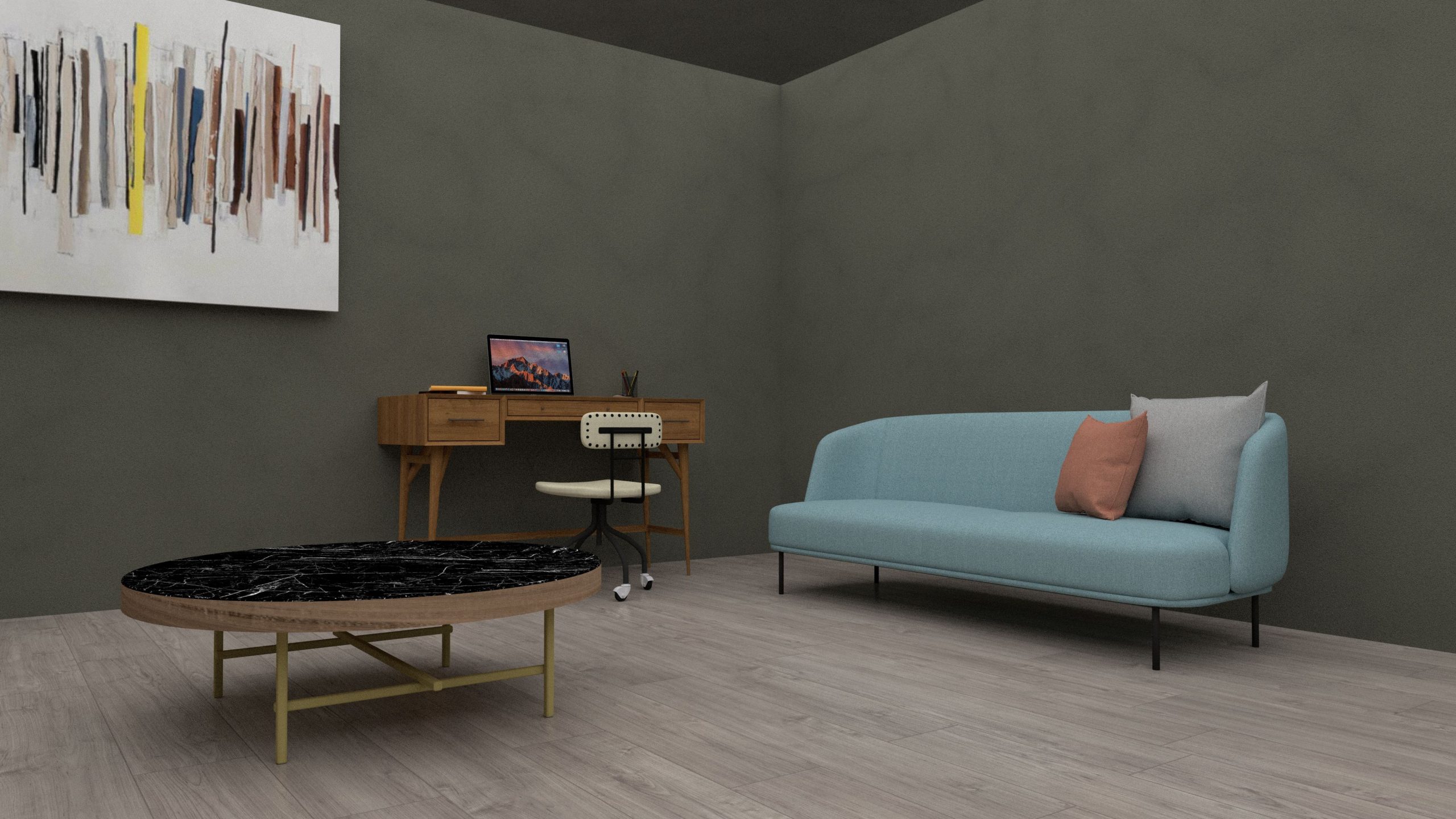 Salon avec bureau minimaliste et canapé design