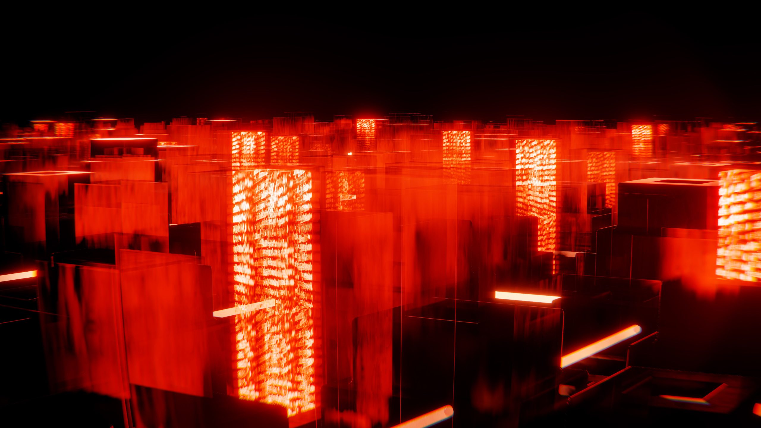 Paysage urbain digital avec lumières néon rouges